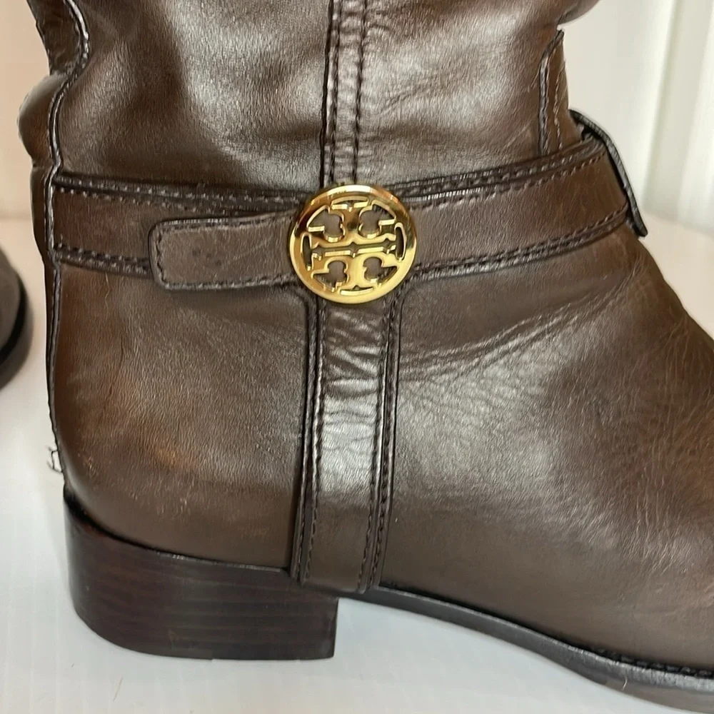 Tory Burch Riding Bristol Boots Women’s Sz 8 Brown Coconut Gold Leather Side Zip